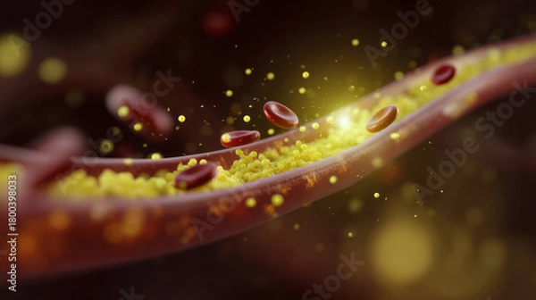 Fototapeta Cholesterol plaque forming in artery, accumulating and causing atherosclerosis, impacting health and blood flow