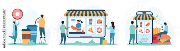 Fototapeta Fast food order in mobile app and delivery. Tiny people choose snacks from interface menu category on screen of big smartphone and tablet, hold donut and soda water drink cartoon vector illustration