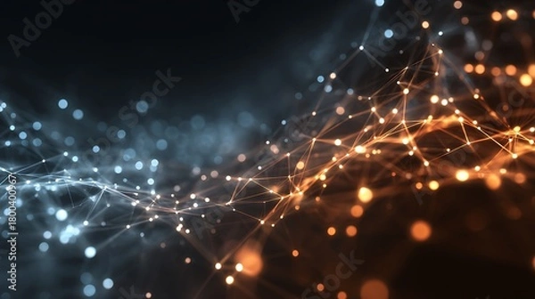 Fototapeta Abstract blue night sky technology background with glowing Christmas star particles and bright fantasy snow