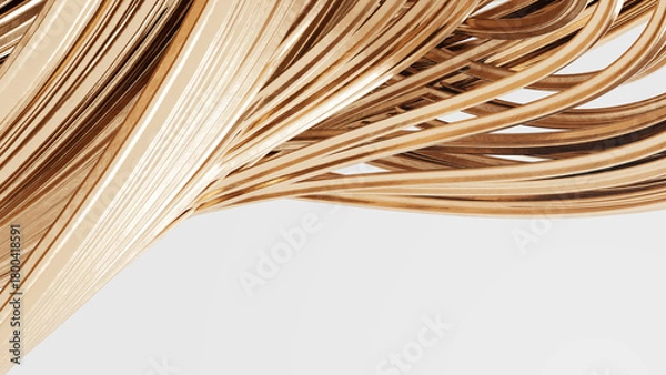 Fototapeta Glossy gold 3D swirl on white background, dynamic, abstract pattern with copy space. 3D render illustration, abstract wallpaper background