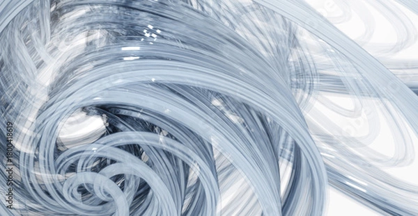 Fototapeta Glossy blue 3D swirl on white background, dynamic, abstract pattern. 3D render illustration, abstract wallpaper background