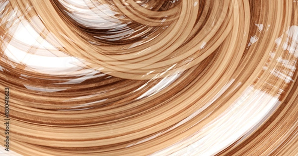 Fototapeta Glossy gold 3D swirl on white background, dynamic, abstract pattern with copy space. 3D render illustration, abstract wallpaper background