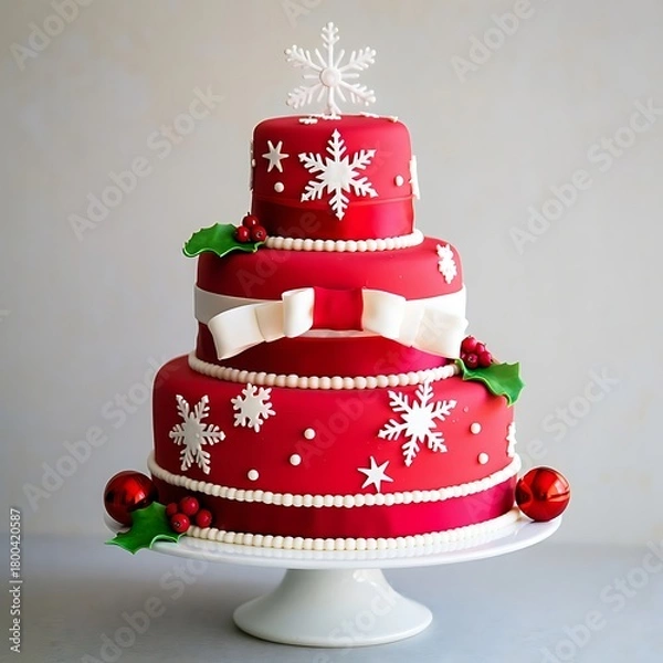 Obraz Festive red christmas cake with snowflakes and holly