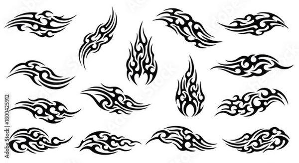 Obraz Collection of tribal tattoo designs isolated on, featuring various flame and wave patterns