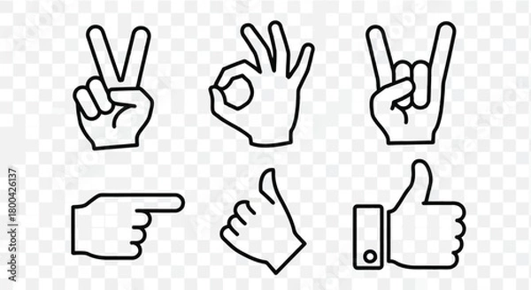 Fototapeta Collection of hand gestures in black outline, including peace sign, ok, rock on, pointing, thumbs up isolated on