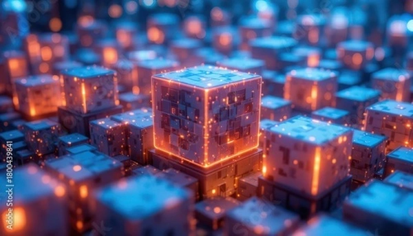 Fototapeta Dynamic Action of Illuminated Cubes Amidst High Tech Background in Abstract Digital Landscape