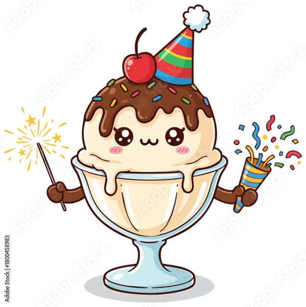 Fototapeta Cute kawaii Ice cream vector illustration. Party sundae. Celebration scoop, Birthday bowl. Sweet surprise, confetti cone. Sundae mascot, happy scoop with cherry on top and chocolate, drizzle delight