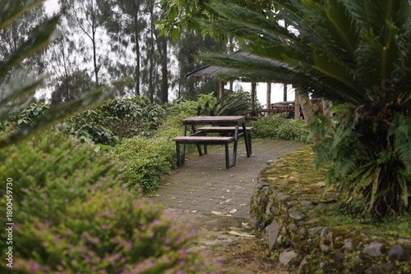 Obraz Serene outdoor seating area nestled within a vibrant green garden, offering a peaceful retreat for relaxation and reflection amidst lush natural beauty