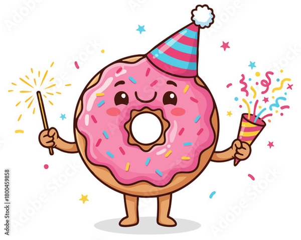 Fototapeta Party donut character vector illustration. Celebration ring, Birthday sprinkles. Doughnut delight, pink popper. Glazed goodness. Donut mascot features bright pink icing and colorful sprinkles