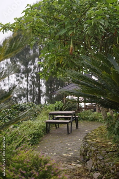 Obraz Tranquil outdoor seating area nestled amidst lush green foliage and winding paths, offering a serene escape in a natural garden setting, perfect for relaxation and contemplation