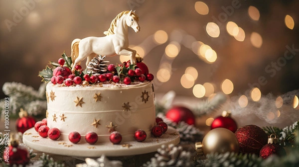 Obraz New Year celebration cake with horse figurine, berries and Christmas lights