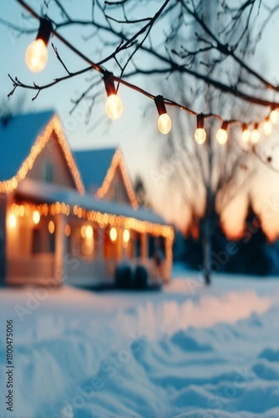 Fototapeta Warm string lights hanging on a tree branch with a snowy house softly glowing in the background at winter sunset