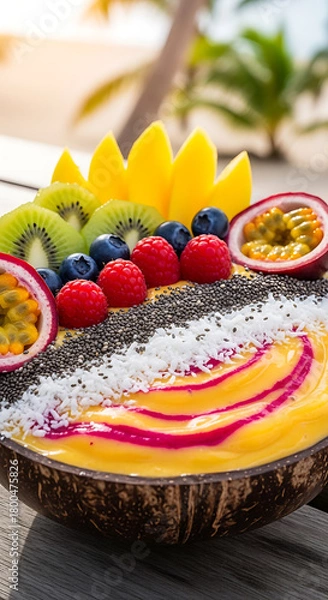 Fototapeta Delicious and healthy smoothie bowl with fresh fruits mango kiwi and berries on the beach view