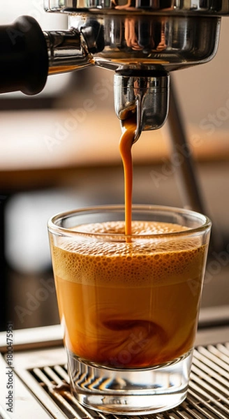 Fototapeta Espresso machine pouring coffee shot into glass cup for cafe drinks and brewing guide tips