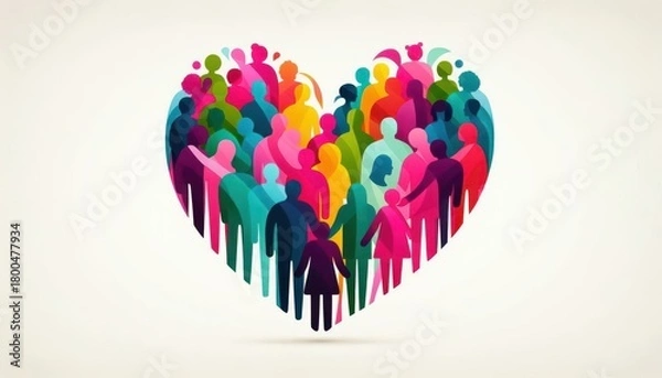 Obraz Vibrant silhouettes of people forming a heart shape, symbolizing teamwork, family reunion, multicultural unity, charity, and friendship, positivity and human connection