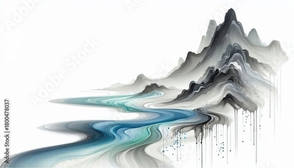 Obraz An abstract watercolor illustration of a blue river winding through serene valley mountain landscape, nature scene modern wall art, peaceful calm water illustration decor
