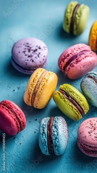 Fototapeta Colorful Macarons on a Blue Background