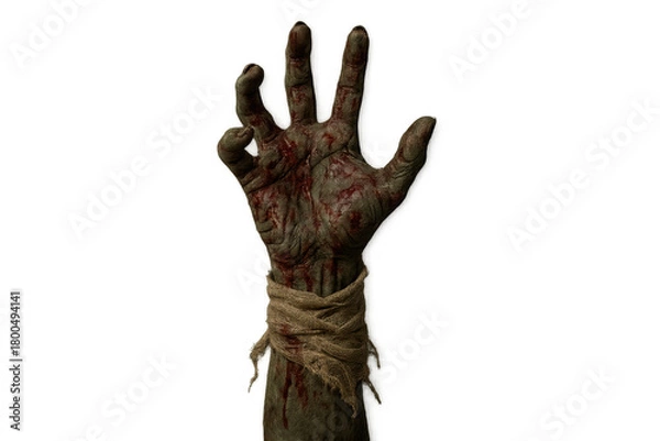Fototapeta Zombie hand reaching out, covered in blood and grime from a horror apocalypse, isolated on transparent background