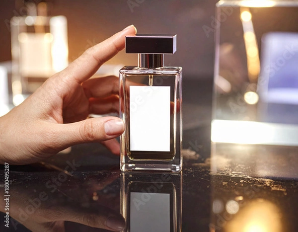 Obraz Close-Up of a Hand Holding a Transparent Luxury Perfume Bottle with Blank Label on a Glossy Reflective Surface, Featuring Warm Ambient Lighting for Premium Fragrance Branding and Product Presentation