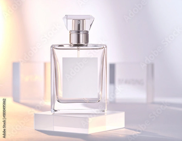 Obraz Elegant glass perfume bottle placed on a white pedestal with soft warm lighting and a clean minimal background, creating a premium and sophisticated cosmetic branding look