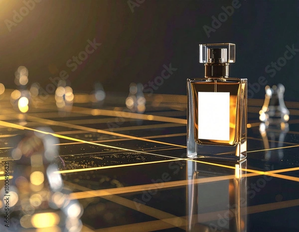 Obraz Elegant luxury perfume bottle placed on a glossy chessboard with warm golden lighting and blurred glass chess pieces, creating a sophisticated, premium, and artistic product scene