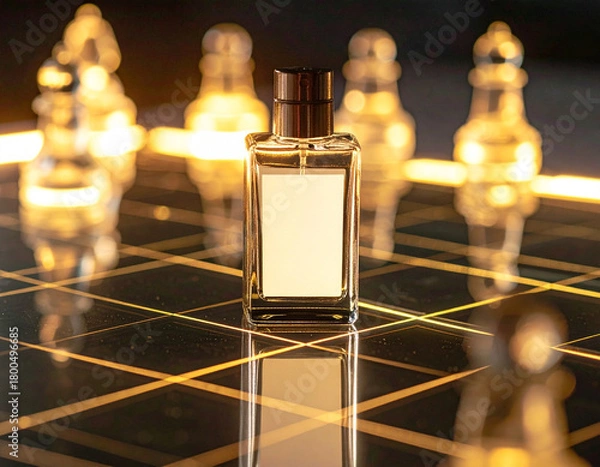Obraz Elegant luxury perfume bottle standing on a glossy chessboard with glowing golden lights and glass chess pieces, creating a premium and sophisticated aesthetic