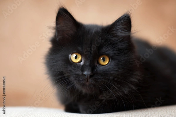 Fototapeta Black fluffy kitten with bright golden eyes resting on a soft surface