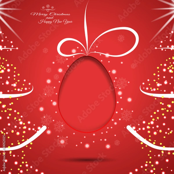 Fototapeta Vector poster with Christmas trees and silhouette of egg with stripe and shadow cut from paper on the red gradient background.