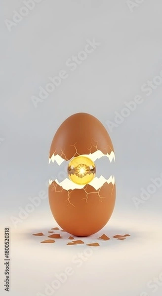 Fototapeta A golden egg with a shiny surface is shown emerging from a cracked eggshell, symbolizing new beginnings or unexpected opportunities in a minimalistic setting