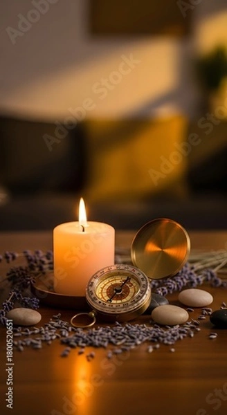 Fototapeta A cozy scene featuring a lit candle, a vintage compass, lavender sprigs, and smooth stones arranged on a wooden surface creating a calming atmosphere