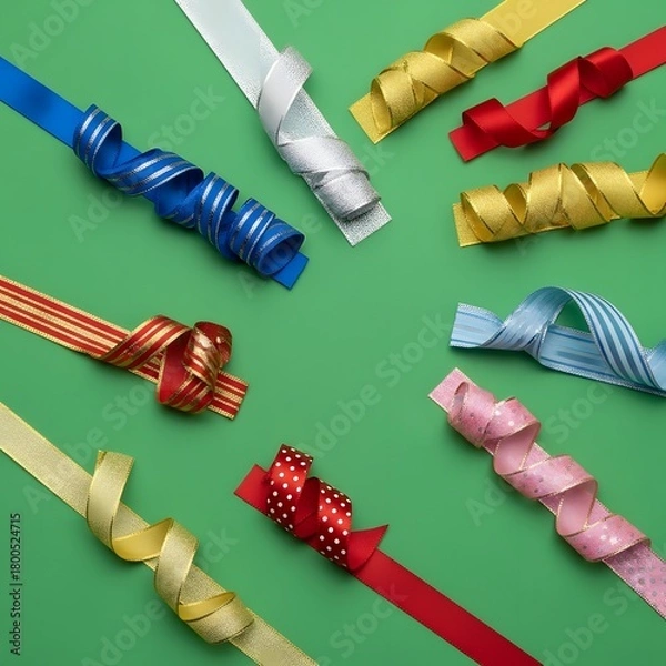Fototapeta Colorful curled ribbons arranged on a vibrant green background for celebration or decoration purposes