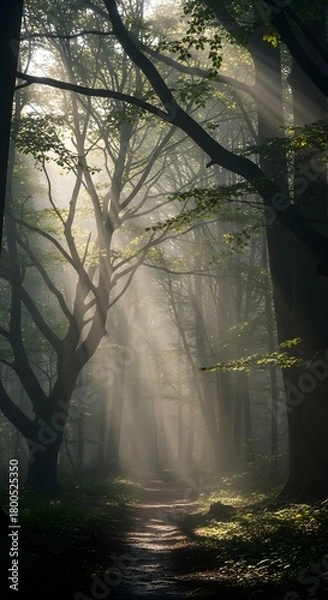 Fototapeta Sunlight filtering through the dense canopy of a lush forest creating a serene and mystical atmosphere with rays of light illuminating the pathway