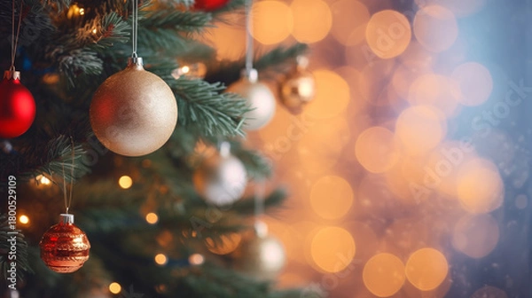 Obraz Cozy Gold and Red Christmas Tree Ornaments Hanging Against Warm Bokeh Lights. for holiday web banners, festive family blogs, or winter advertisement campaigns.