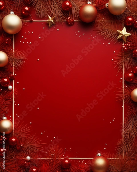 Fototapeta Luxury vertical Christmas background with copy space framed by metallic red and gold pine branches and festive ornaments. Perfect for holiday greeting cards, sale banners, or seasonal announcements.