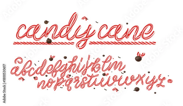 Fototapeta Christmas candy cane 3d alphabet isolated on white background. Decorative vector font for Winter Holidays and New Year. Vector illustration. 