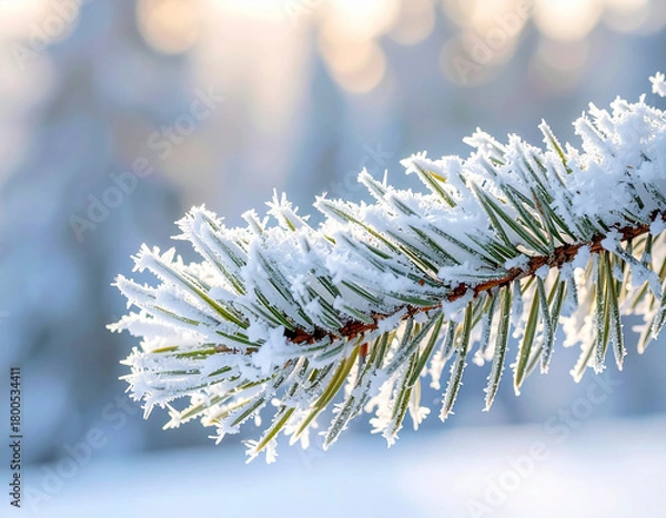 Obraz Close-Up of Snow and Frost on a Pine Branch Illuminated by Soft Winter Sunlight, Capturing Natural Ice Crystals, Seasonal Atmosphere, and Serene Cold Weather Scenery