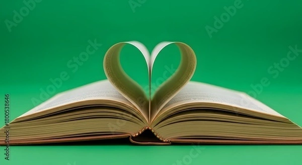 Fototapeta An open book with pages folded to form a heart shape on a vibrant green background, symbolizing love for reading and literature