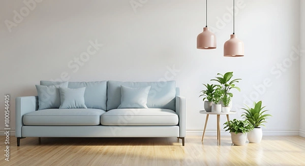 Fototapeta Minimalist living room interior with sofa, plants, and pendant lights in a bright space