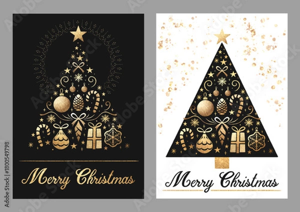 Fototapeta Merry Christmas Luxury Gold greeting cards design, stylized christmas tree on decorative background, golden elements, star, ball sphere, baubles, pine cone, ribbons, presents, decorations