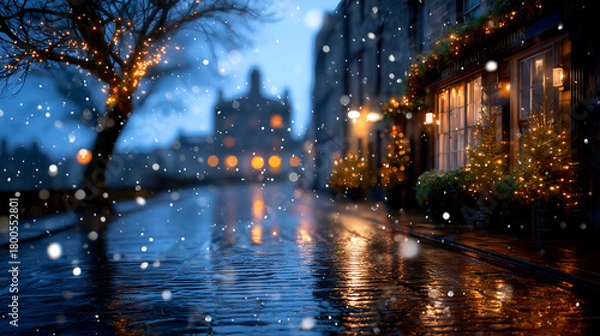 Fototapeta Cozy winter evening street scene with festive lights, falling snow, and glowing shop windows creating a magical holiday atmosphere.