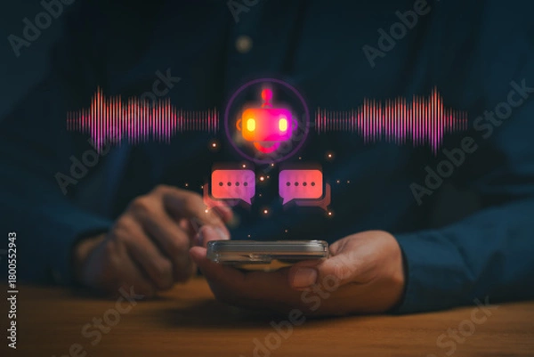 Fototapeta Voice chatbot technology concept, person using smartphone with glowing AI bot, sound wave, chat icon, symbolizing voice assistant, automated messaging, smart communication, and digital interaction.