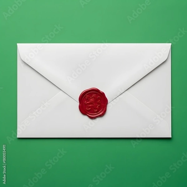 Fototapeta A white envelope sealed with a red wax stamp on a vibrant green background, symbolizing communication, confidentiality, or formal correspondence