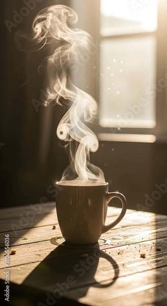 Fototapeta A steaming hot beverage in a ceramic mug on a wooden table with sunlight streaming through a window in the background, creating a cozy and warm atmosphere