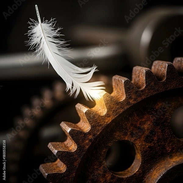 Obraz A close-up of a rusty gear with a delicate white feather resting on its teeth, symbolizing the contrast between industrial machinery and natural elements