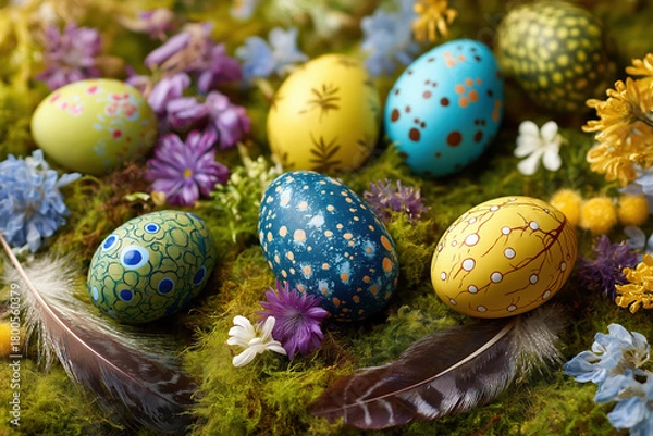 Fototapeta Colorful decorated eggs arranged among flowers and moss for a festive spring celebration in a natural setting