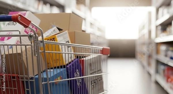 Fototapeta A shopping cart filled with various packages, boxes, and bags in a well-lit store aisle, ready for checkout or transport, with shelves and products in the background