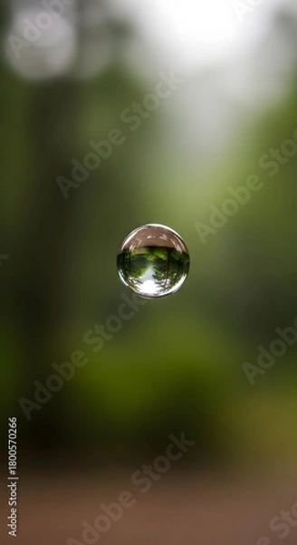 Fototapeta A close-up shot of a single transparent water droplet suspended in mid-air with a blurred natural green background, showcasing the beauty of nature and water physics