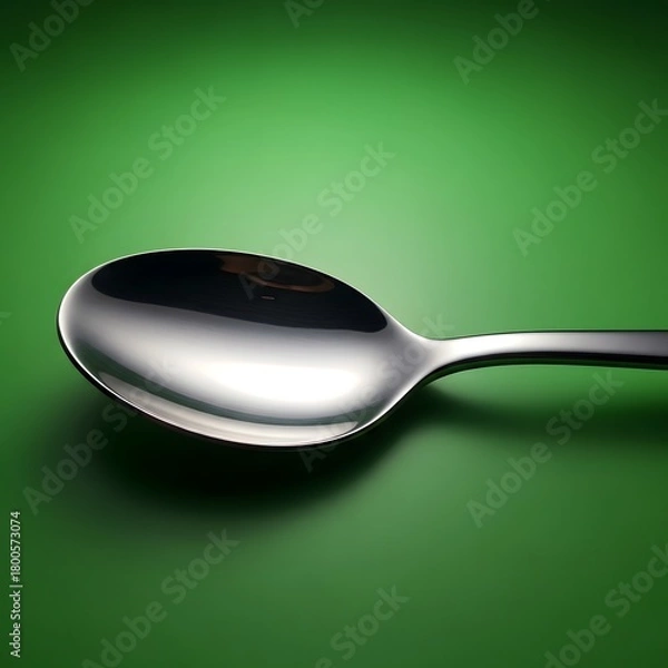 Fototapeta A shiny stainless steel spoon resting on a vibrant green background, highlighting its smooth curves and reflective surface in a minimalistic setting