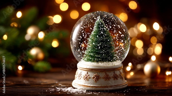 Fototapeta Enchanting Christmas tree snow globe with falling snow and warm bokeh lights, perfect for holiday greetings and festive season promotions with a magical touch