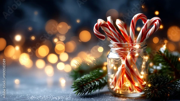 Fototapeta Festive candy canes glowing in jar adorned with warm fairy lights next to pine branches, evoking cozy holiday cheer and winter magic